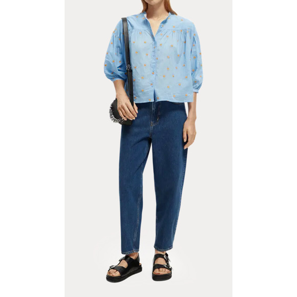 Scotch Soda Womens Blue Gathered 3/4 Sleeve Embroidered Top Size Medium NWT - Picture 3 of 11